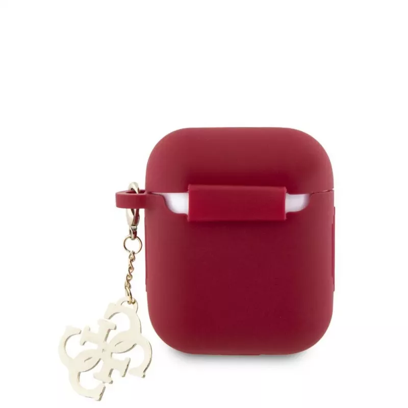 Guess Apple AirPods 1/2 Hülle Silikon Classic Logo Gold mit 4G Anhänger Magenta