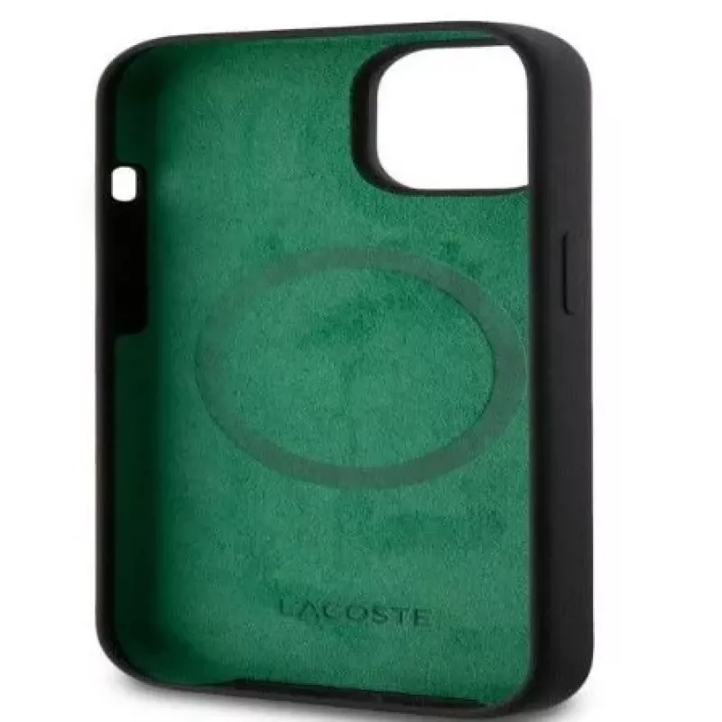 Lacoste Apple iPhone 15 6.1 inch Liquid Silicone Microfiber Croc Logo Magsafe Back Cover Black