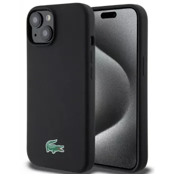 Lacoste Apple iPhone 15 6.1 inch Liquid Silicone Microfiber Croc Logo Magsafe Back Cover Black