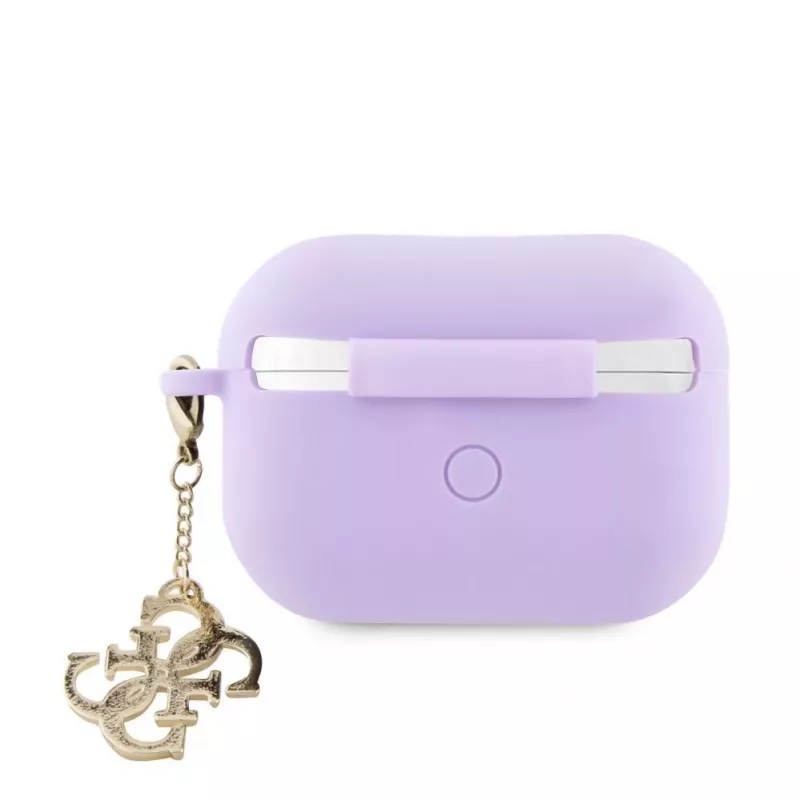 Guess Apple AirPods Pro 2 Hülle Silikon Classic Logo Gold mit 4G Anhänger Lila