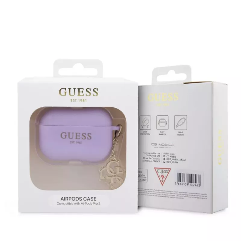 Guess Apple AirPods Pro 2 Hülle Silikon Classic Logo Gold mit 4G Anhänger Lila