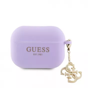 Guess Apple AirPods Pro 2 Hülle Silikon Classic Logo Gold mit 4G Anhänger Lila