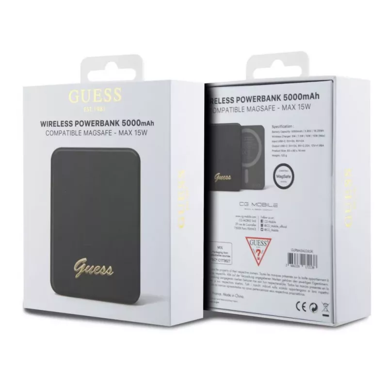 Guess Power Bank 5000mAh 15W MagSafe und normales Laden mit Metal Script Logo Schwarz