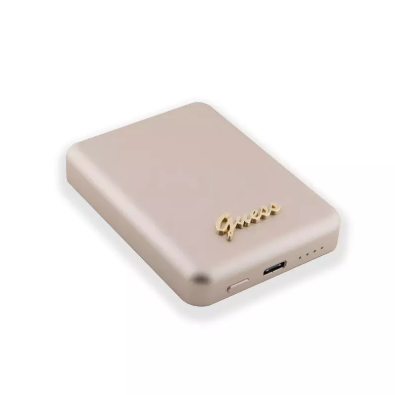 Guess Power Bank 5000mAh 15W MagSafe und normales Laden mit Metal Script Logo Gold
