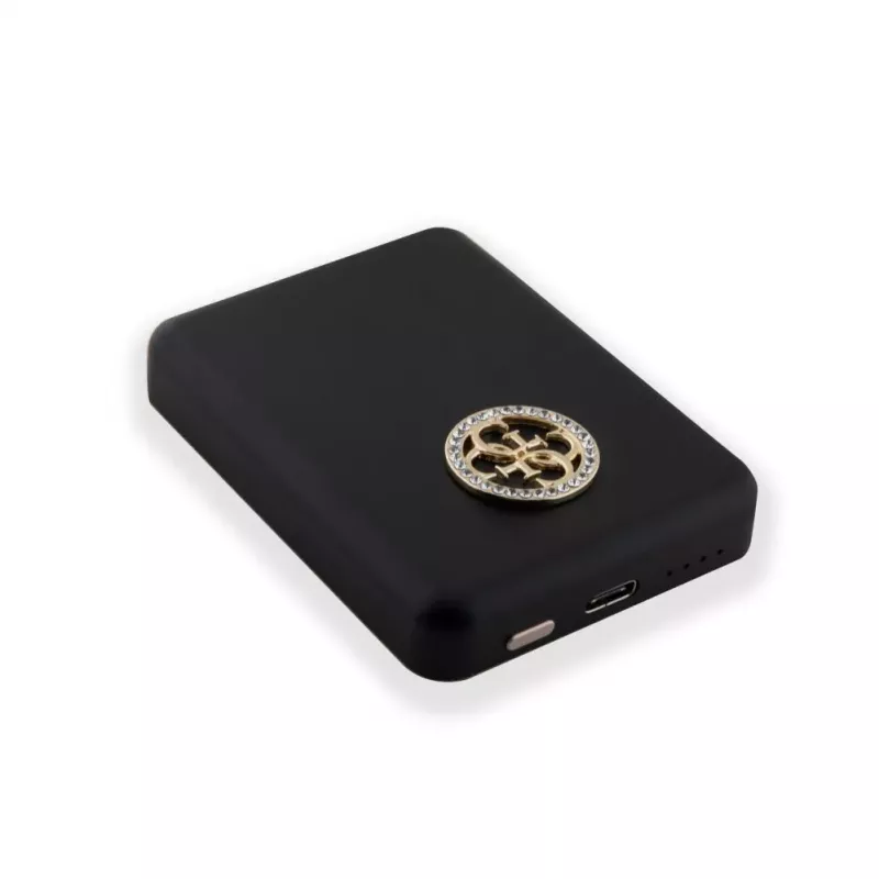 Guess Power Bank 5000mAh 15W MagSafe und normales Laden mit Strassed 4G Logo Schwarz