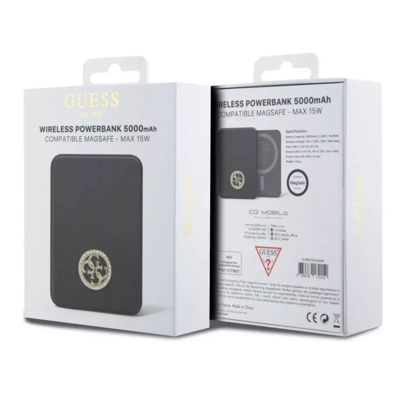 Guess Power Bank 5000mAh 15W MagSafe und normales Laden mit Strassed 4G Logo Schwarz