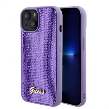 Guess Sequin Script Logo Case für iPhone 15 Lila