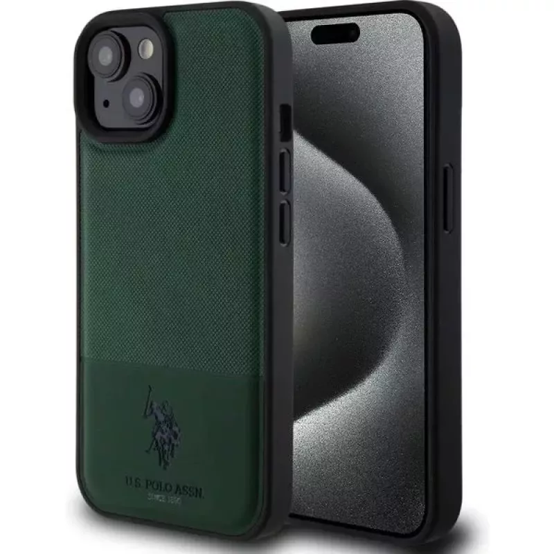 U.S. Polo PU Apple iPhone 15 Leder Mesh Muster Doppel Pferd Hülle Grün
