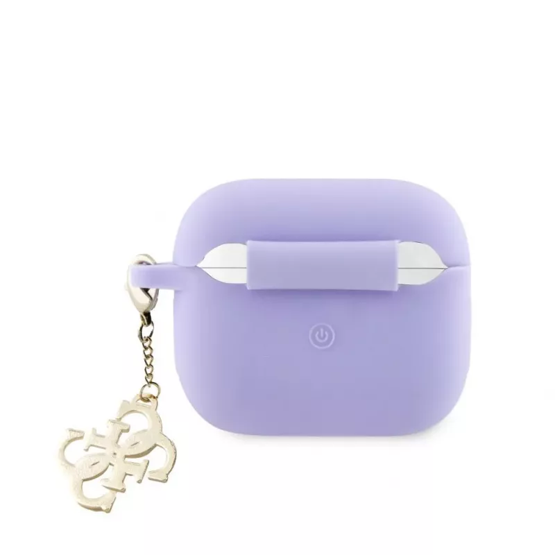 Guess AirPods 3 Hülle Silikon Classic Logo Gold mit 4G Anhänger Lila