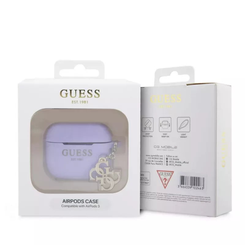 Guess AirPods 3 Hülle Silikon Classic Logo Gold mit 4G Anhänger Lila
