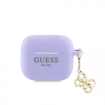 Guess AirPods 3 Hülle Silikon Classic Logo Gold mit 4G Anhänger Lila