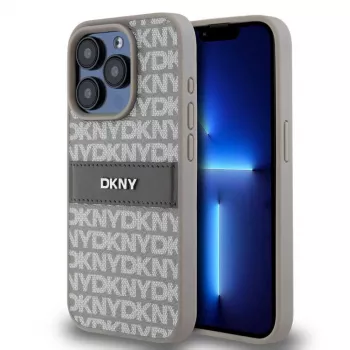 DKNY PU Leather Repeat Pattern Tonal Stripe Case für iPhone 15 Pro Beige