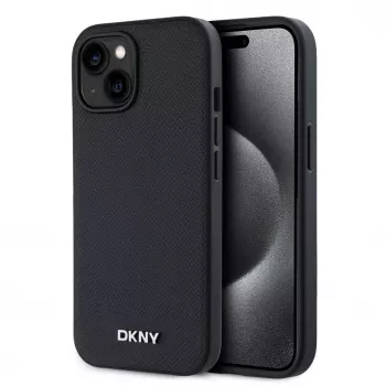 DKNY PU Leder Silver Metal Logo Magsafe Hülle für iPhone 15 Schwarz
