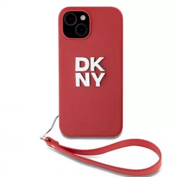DKNY PU Leather Stack Logo Wrist Strap Case für iPhone 15 Rot