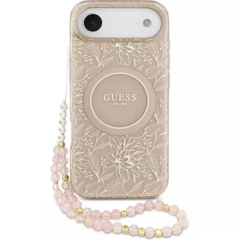 Guess Apple iPhone 17 Air Silikonhülle mit MagSafe Flowers Allover mit Perlenband Pink