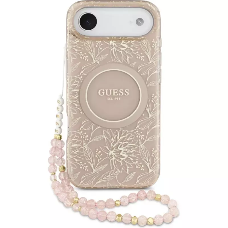 Guess Apple iPhone 17 Air Silikonhülle mit MagSafe Flowers Allover mit Perlenband Pink