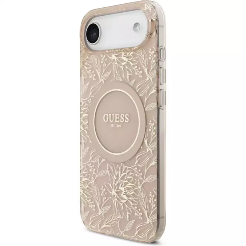 Guess Apple iPhone 17 Air Silikonhülle mit MagSafe Flowers Allover mit Perlenband Pink
