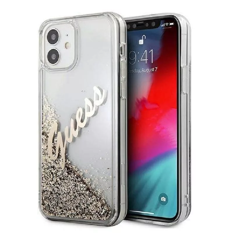 Guess Apple iPhone 12 Mini 5,4 Zoll Liquid Glitter Vintage Cover Gold