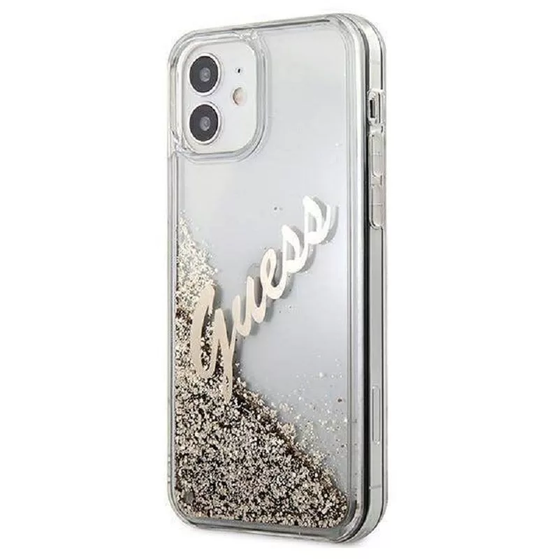 Guess Apple iPhone 12 Mini 5,4 Zoll Liquid Glitter Vintage Cover Gold