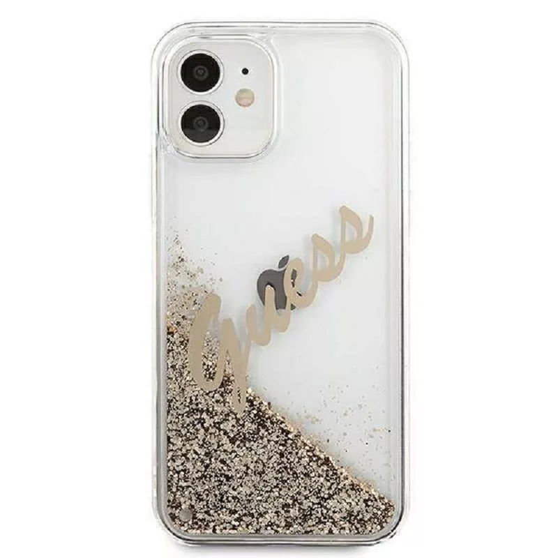 Guess Apple iPhone 12 Mini 5,4 Zoll Liquid Glitter Vintage Cover Gold
