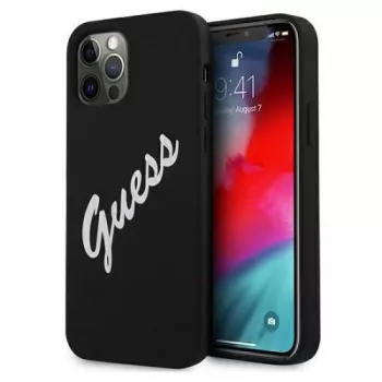 Guess Apple iPhone 12 Pro Max 6,7'' Vintage White Script Silikonhülle Schwarz