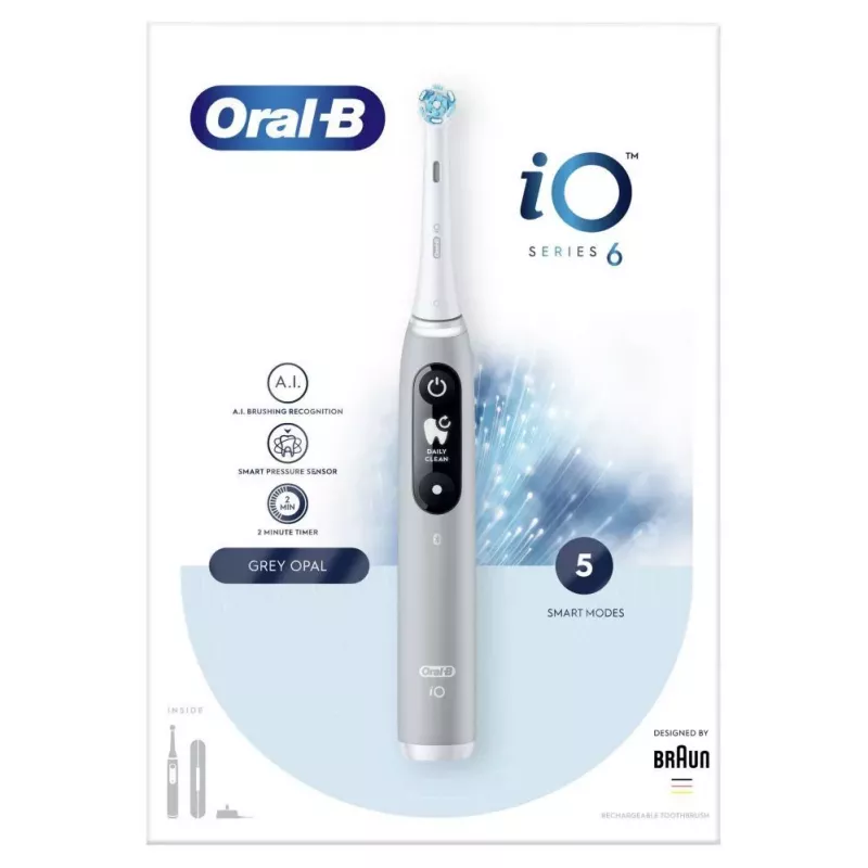 Oral-B iO Series 6 Wiederaufladbare elektrische Zahnbürste, Grau Opal, 5 Putzmodi, 1 Bürstenkopf, Bluetooth
