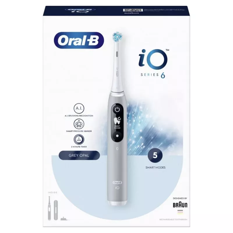 Oral-B iO Series 6 Wiederaufladbare elektrische Zahnbürste, Grau Opal, 5 Putzmodi, 1 Bürstenkopf, Bluetooth