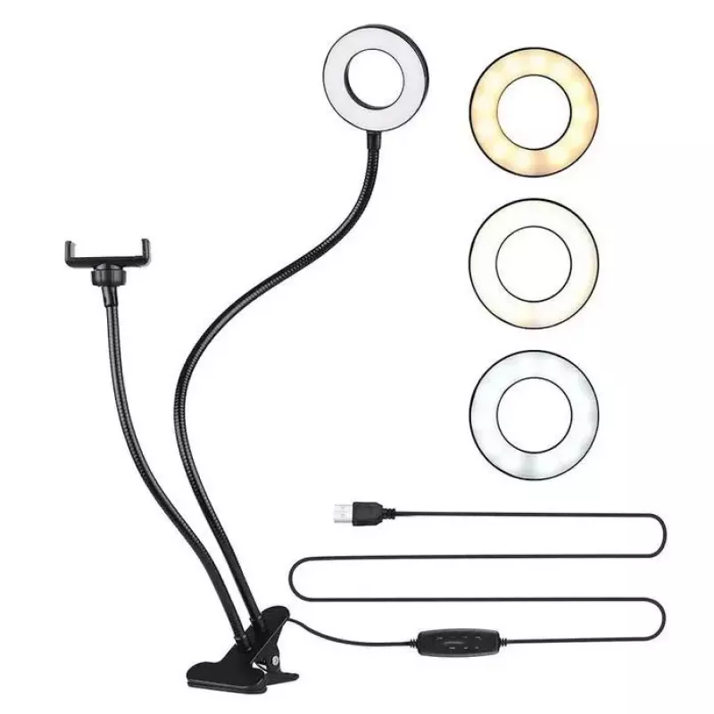 Elight TF Desk Clip Live Stream Selfie 11cm Ring LED Light mit 30cm flexiblem Schlauch und Telefonhalter, Schwarz