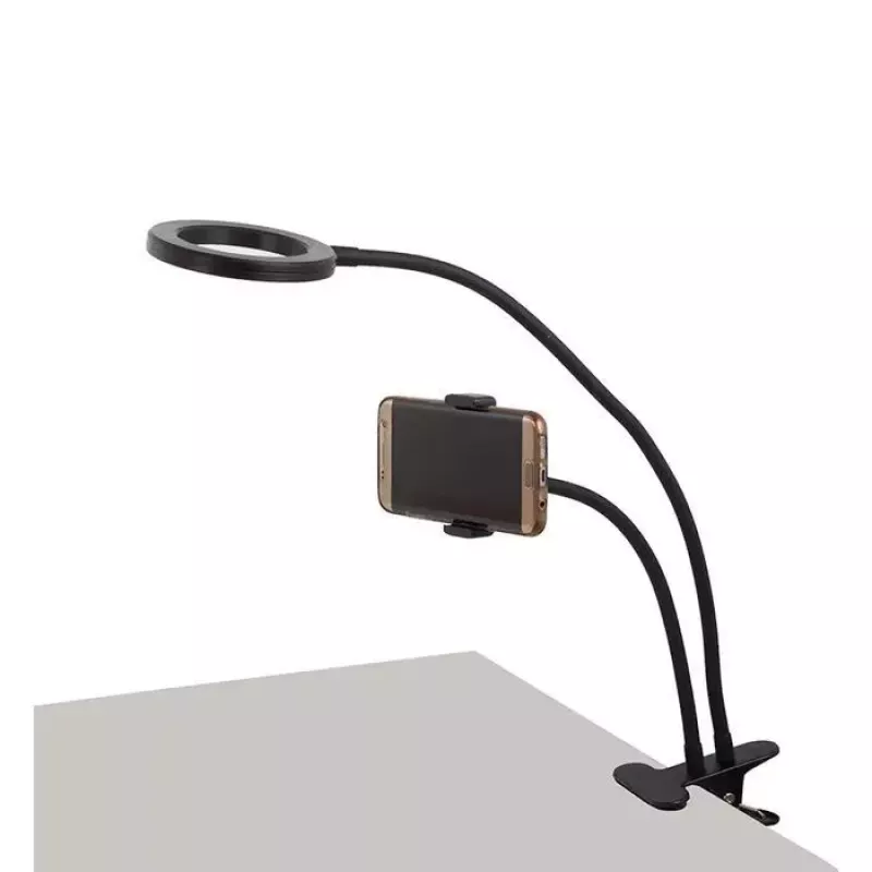 Elight TF Desk Clip Live Stream Selfie 11cm Ring LED Light mit 30cm flexiblem Schlauch und Telefonhalter, Schwarz