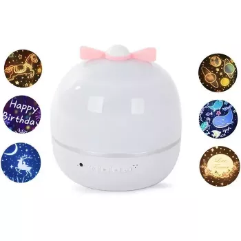 Kiddyz WH-16E Dream Projection Night Lamp (12x12x12 cm) mit 6 Motivfolien, USB-C wiederaufladbar, Weiß
