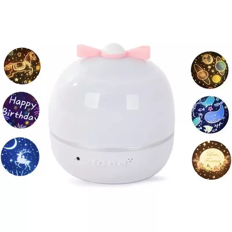 Kiddyz WH-16E Dream Projection Night Lamp (12x12x12 cm) mit 6 Motivfolien, USB-C wiederaufladbar, Weiß