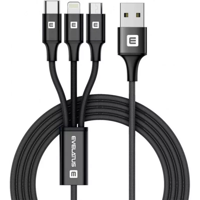 EVELATUS Datenkabel 3in1 (Lightning, Type-C, Micro USB) LTM01 Schwarz