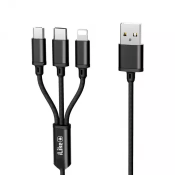 iLike Ladekabel 3 in 1, USB-A auf USB-C/Lightning/Micro USB, Nylon geflochten, 1,2 m, Schwarz