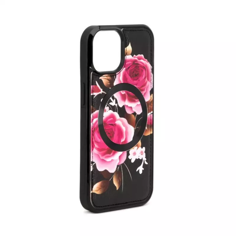 Evelatus Apple iPhone 14 Lederhülle Reißverschluss-Design Blume Schwarz