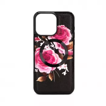 Evelatus Apple iPhone 14 Pro Lederhülle Reißverschluss-Design Blume Schwarz