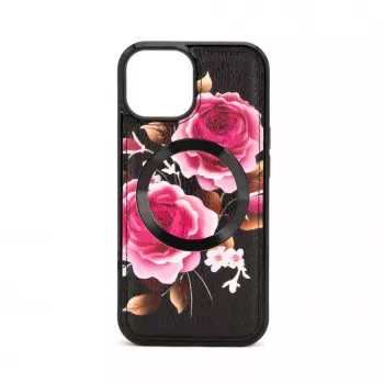 Evelatus Apple iPhone 15 Lederetui Reißverschluss-Design Blume Schwarz
