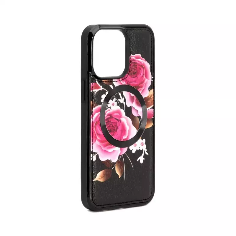 Evelatus Apple iPhone 15 Pro Lederetui Reißverschluss-Design Blume Schwarz