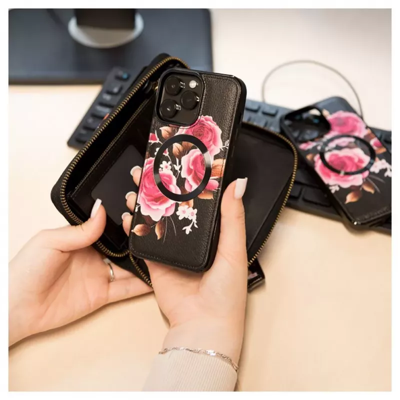 Evelatus Apple iPhone 15 Pro Lederetui Reißverschluss-Design Blume Schwarz