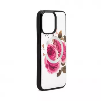 Evelatus Apple iPhone 14 Pro Max Lederetui mit Reißverschluss Design Blumenmuster Weiß