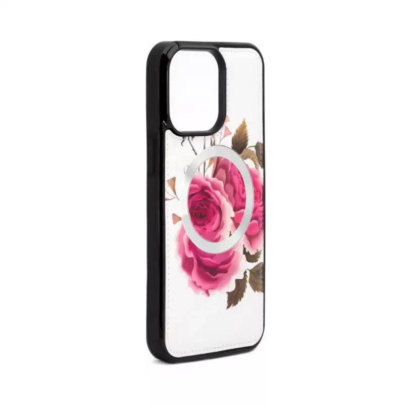 Evelatus Apple iPhone 14 Pro Max Lederetui mit Reißverschluss Design Blumenmuster Weiß