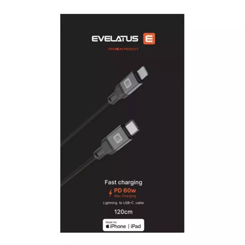 Evelatus USB-C auf Lightning Kabel 2,0M 60W (MFI09) Aluminiumgehäuse Geflecht Schwarz