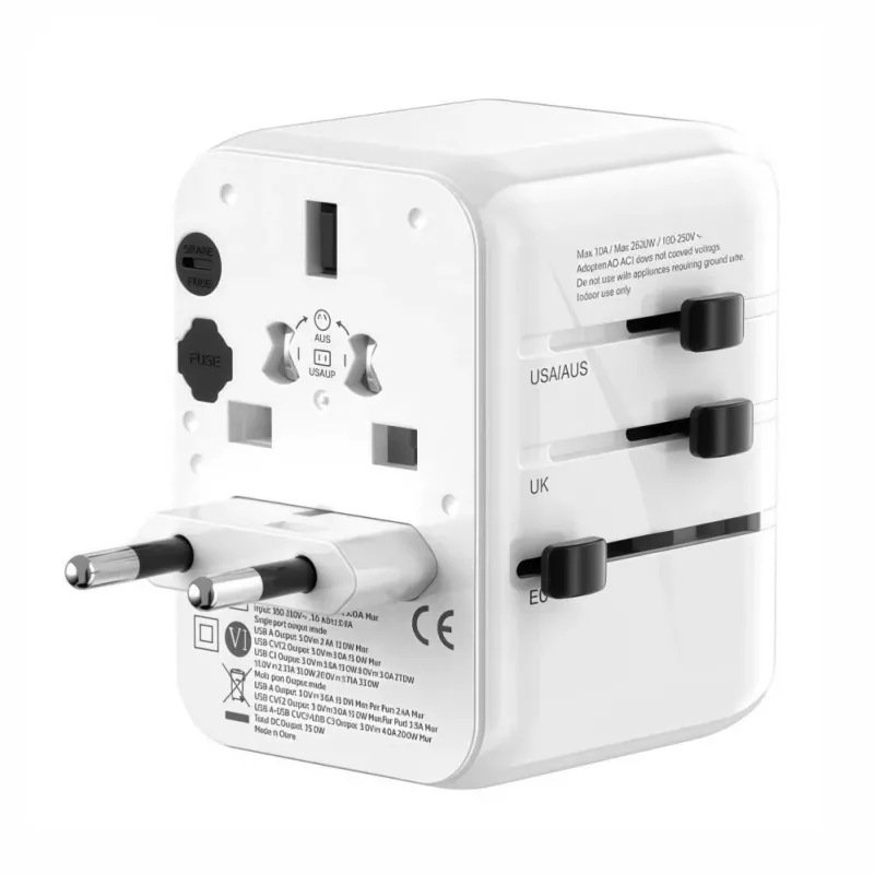 EVELATUS 35W World Travel Adapter mit 1 PD USB-C, 2 USB-C, 2 USB-A, Weiß
