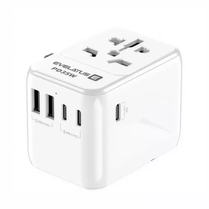 EVELATUS 35W World Travel Adapter mit 1 PD USB-C, 2 USB-C, 2 USB-A, Weiß