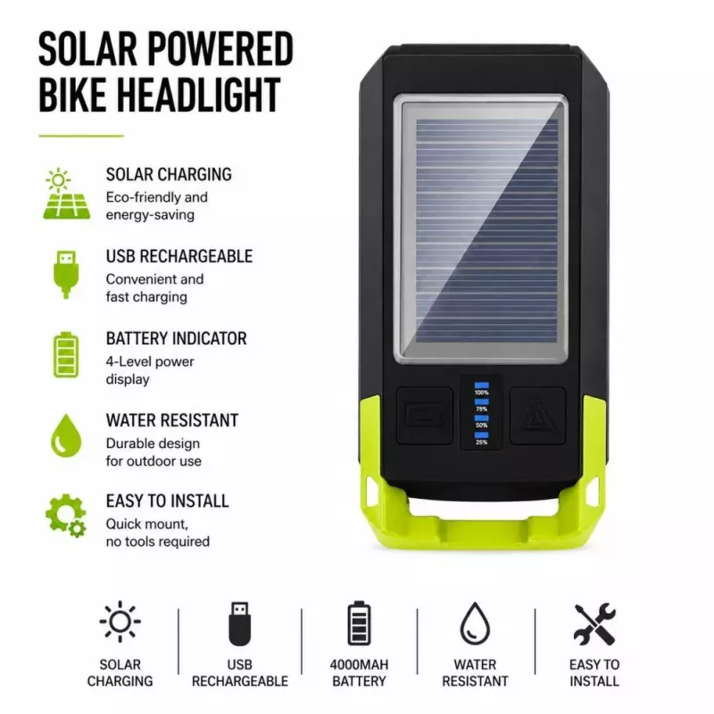 iLike Solar Powered Bike Headlight mit 120dB Hupe, USB wiederaufladbar, 1000LM LED Fahrrad-Frontlicht, 4000mAh Akku, Notwarnlicht