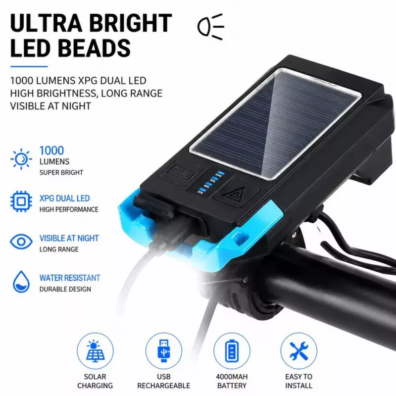 iLike Solar Powered Bike Headlight mit 120dB Hupe, USB wiederaufladbar, 1000LM LED Fahrrad-Frontlicht, 4000mAh Akku, Notwarnlicht