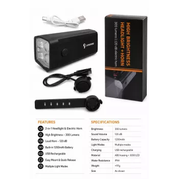 iLike Wiederaufladbarer Fahrradscheinwerfer mit 120 dB Elektrohupe, 300 Lumen LED-Fahrradlicht, USB-wiederaufladbar, Lenker-Fernbedienung