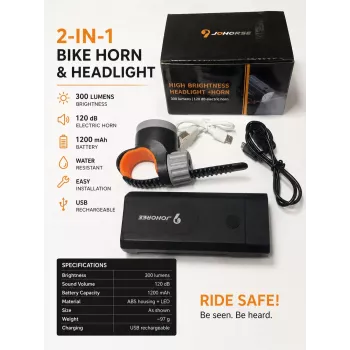 iLike JOHORSE Fahrradscheinwerfer & Elektro-Horn – 300 Lumen, 120 dB, USB wiederaufladbar