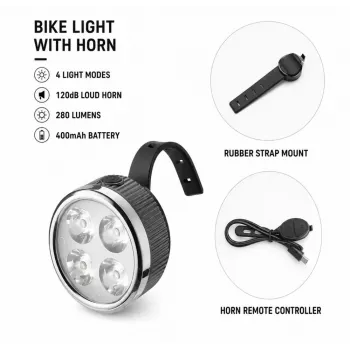 iLike Wiederaufladbarer Fahrrad-Scheinwerfer mit 120dB Hupe, 280 Lumen, 4 Lichtmodi, USB-wiederaufladbar, kabellose Fernbedienung