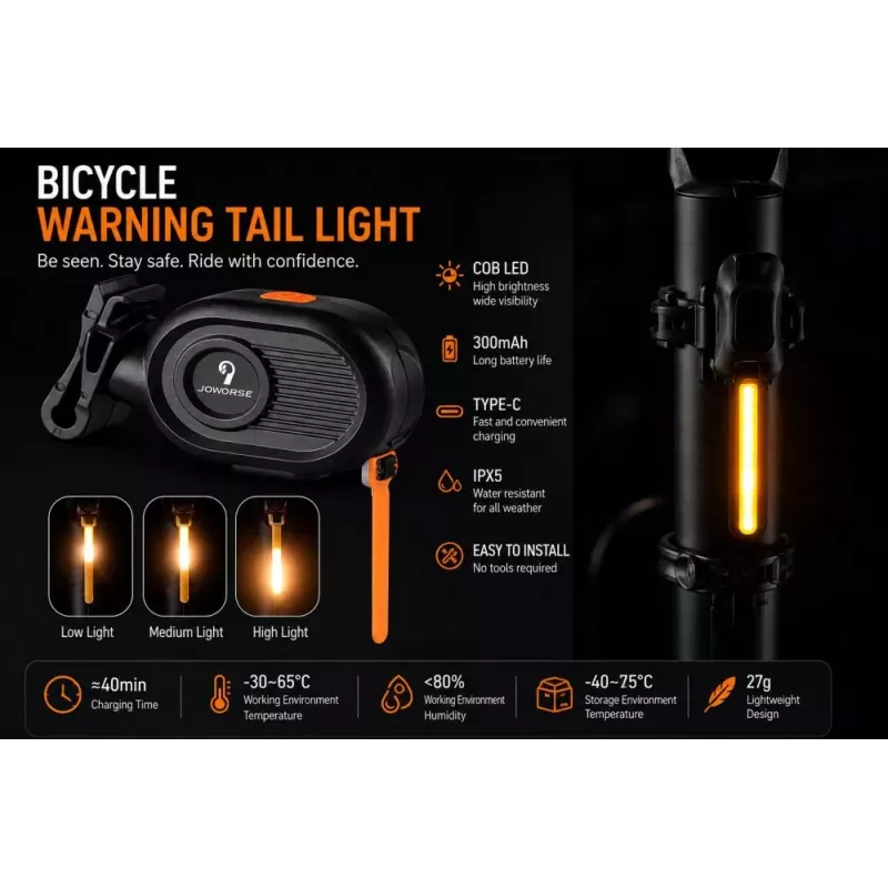 iLike JOWORSE wiederaufladbare COB LED Fahrrad-Rückleuchte, USB-C Fahrrad-Rücklicht, 300mAh wasserdichtes Fahrrad-Warnlicht