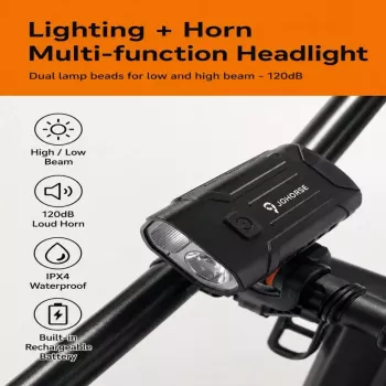 iLike JOHORSE Wiederaufladbares Fahrradlicht mit 120dB Hupe, USB-wiederaufladbarer LED-Fahrradscheinwerfer, Fern-/Abblendlicht, IPX4 wasserdicht, schwarzes Frontlicht